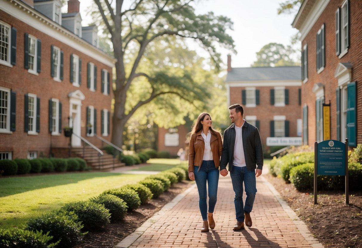 A young couple walking hand-in-hand outside a historic museum surrounded by greenery and brick buildings.