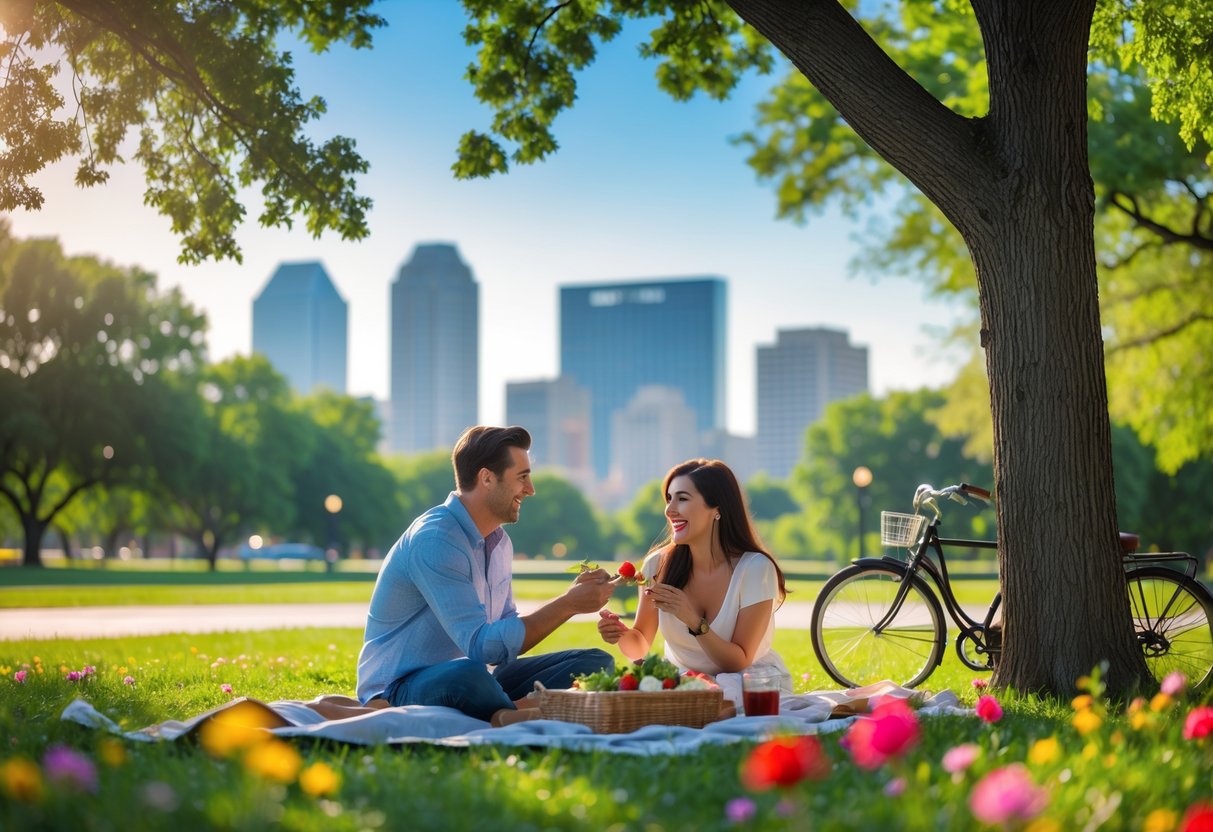 A young couple having a picnic in a green park with the Fort Worth skyline in the background on a sunny day.