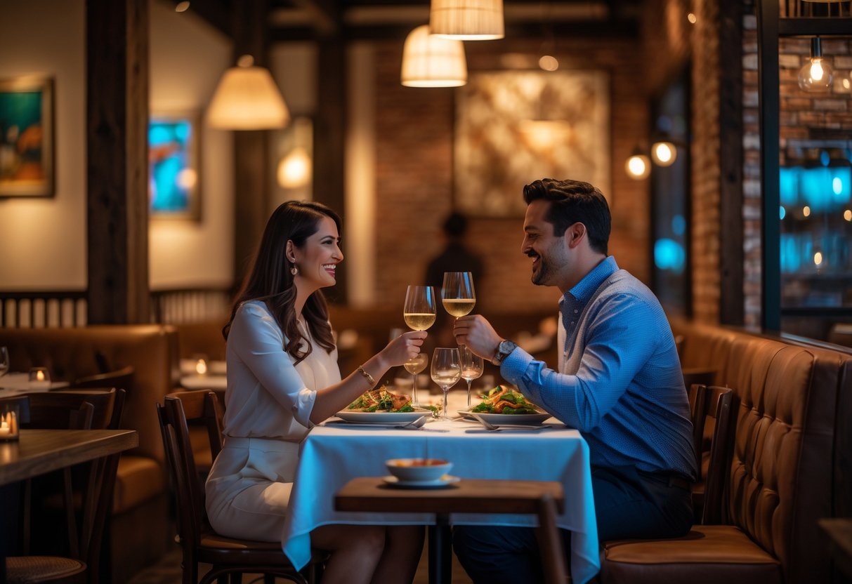 A couple enjoying a romantic dinner together at a warmly lit restaurant.