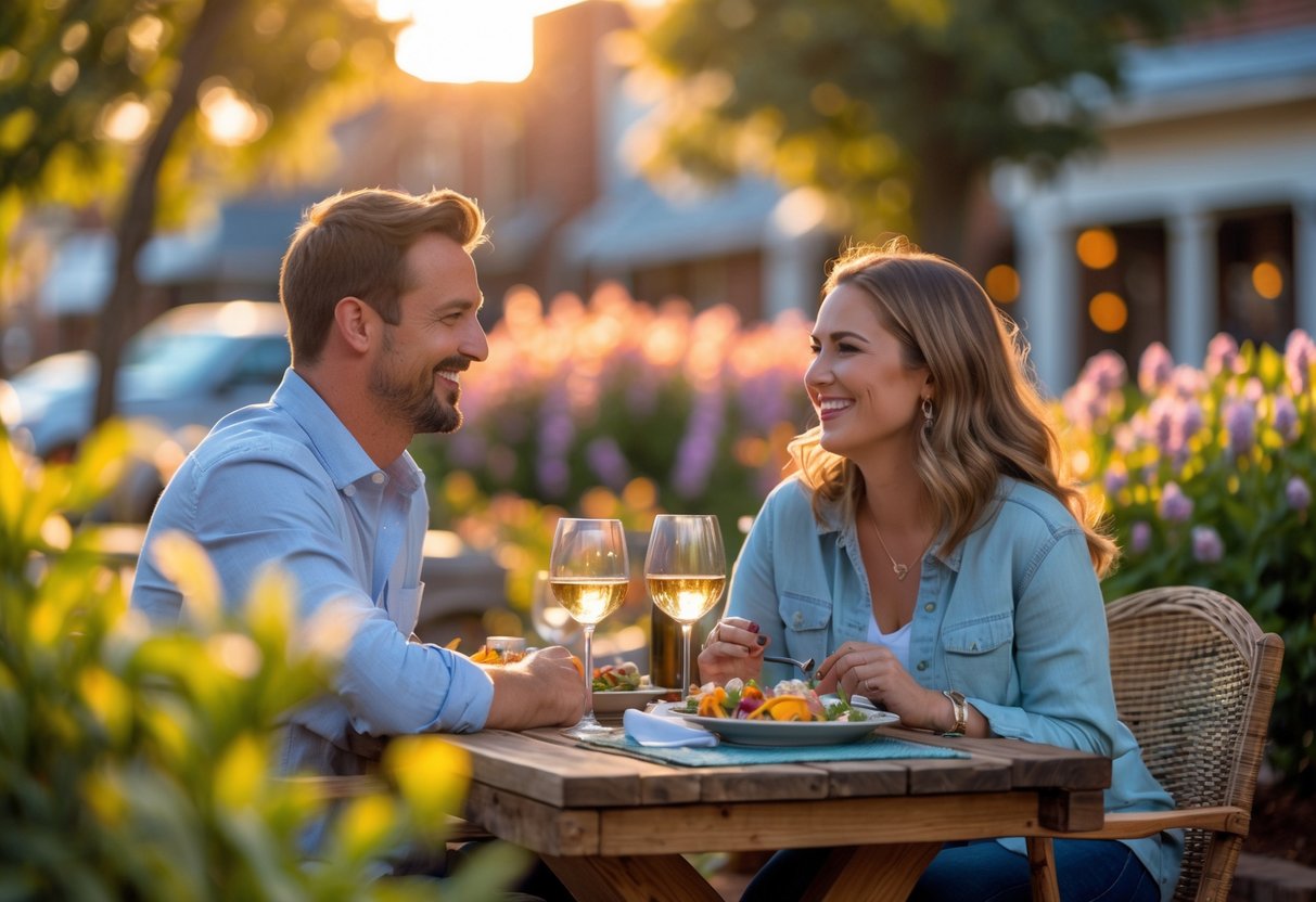 A happy couple enjoying a romantic outdoor meal at a wooden table surrounded by greenery and flowers during sunset.