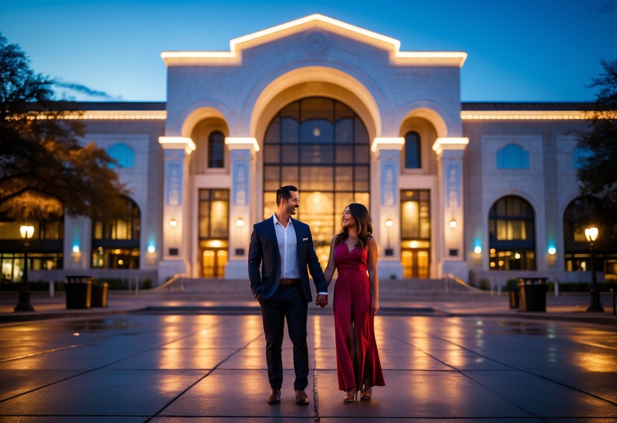 A couple holding hands outside Bass Performance Hall in Fort Worth during early evening.