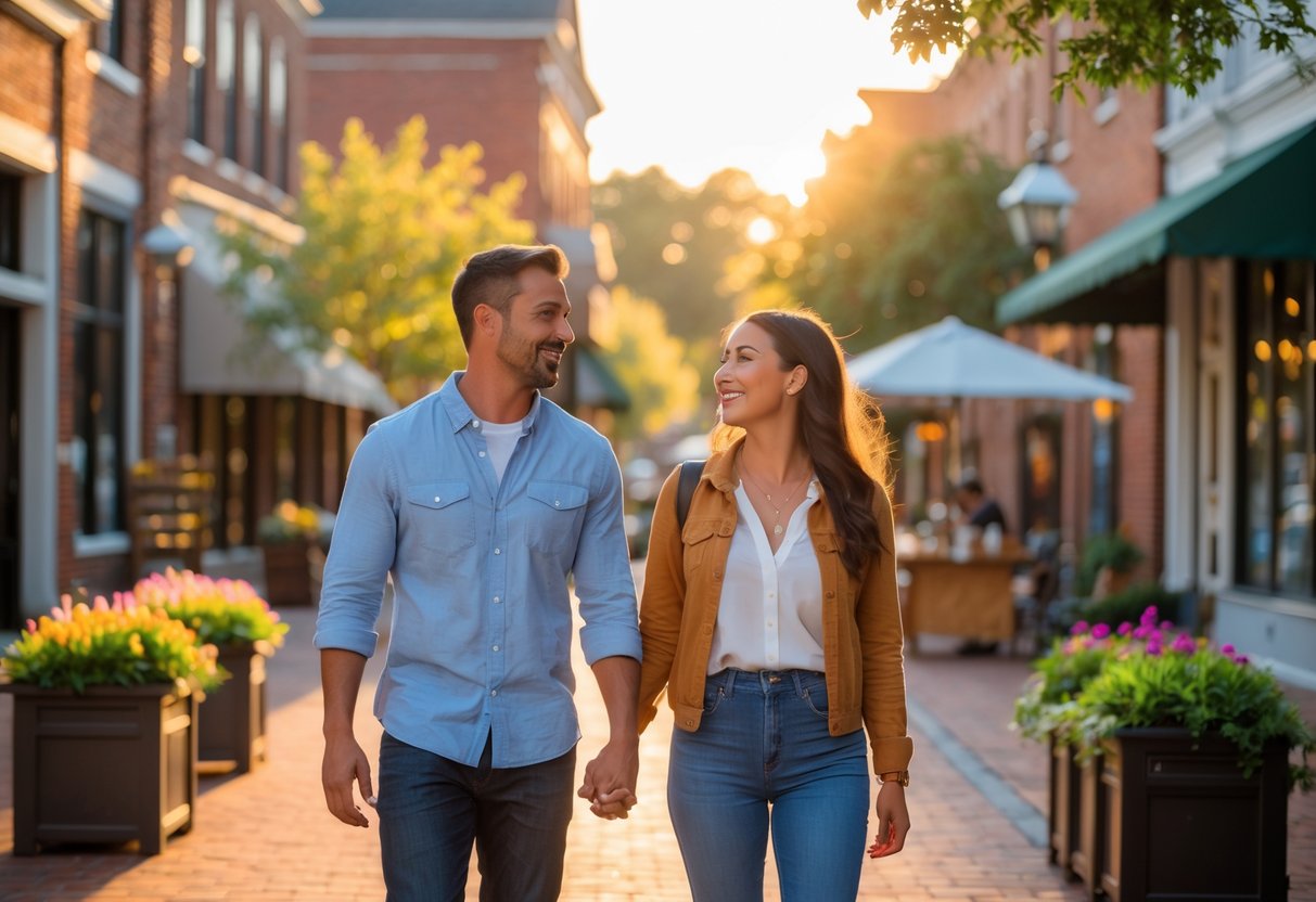 A couple walking hand-in-hand along a charming street in Fayetteville, North Carolina, surrounded by historic buildings and greenery.