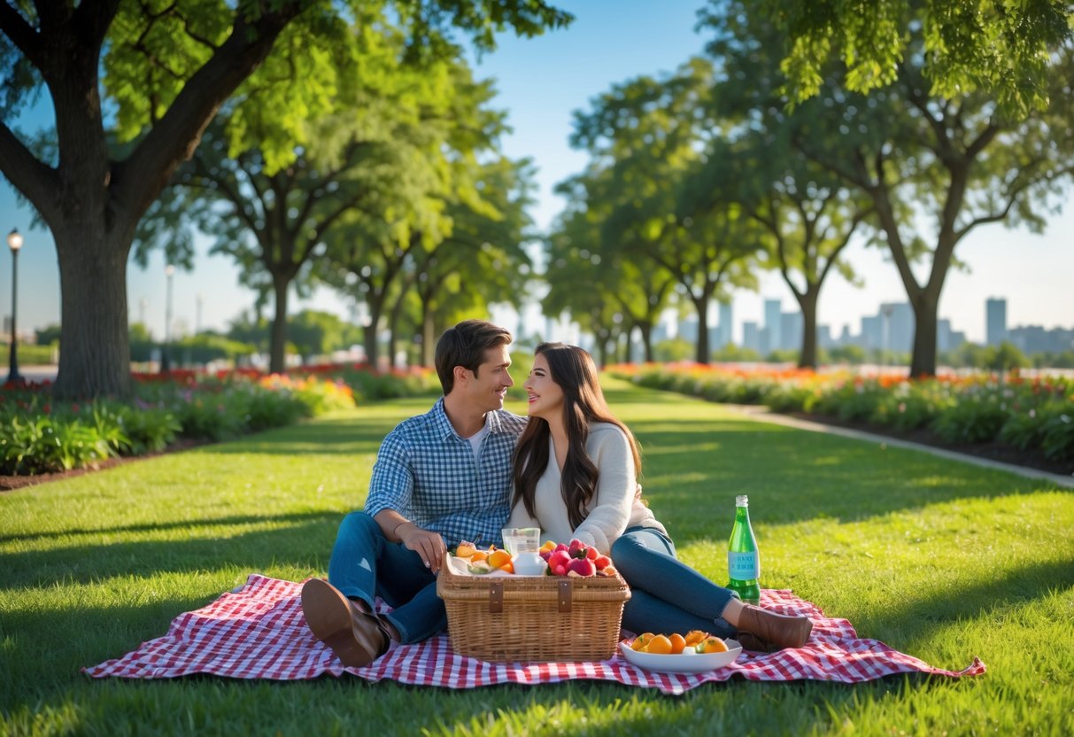 A young couple enjoying a picnic on a blanket in a green park with trees and a clear sky.