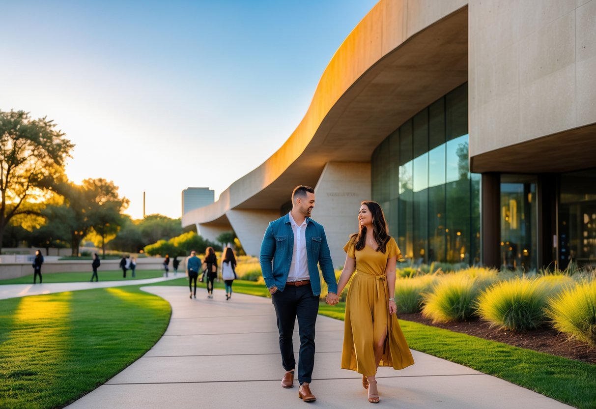 A couple walking hand in hand outside the Kimbell Art Museum in Fort Worth on a sunny day.