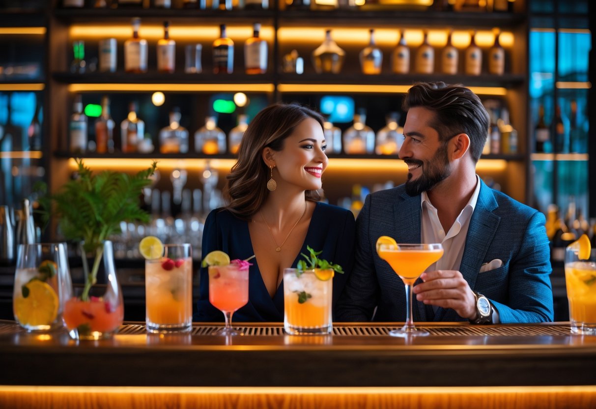 A couple enjoying cocktails and conversation at a stylish bar with warm lighting.