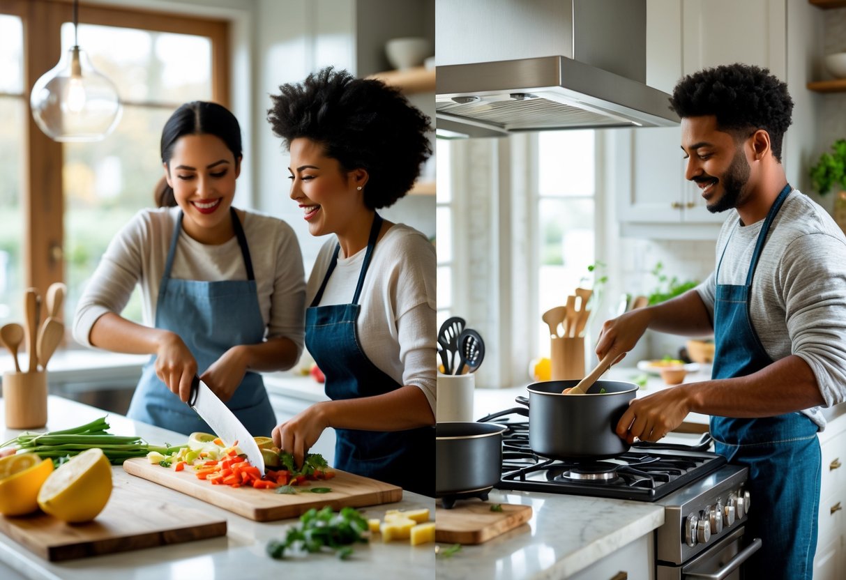 A young couple cooking the same recipe together while video chatting on their smartphones in separate kitchens.