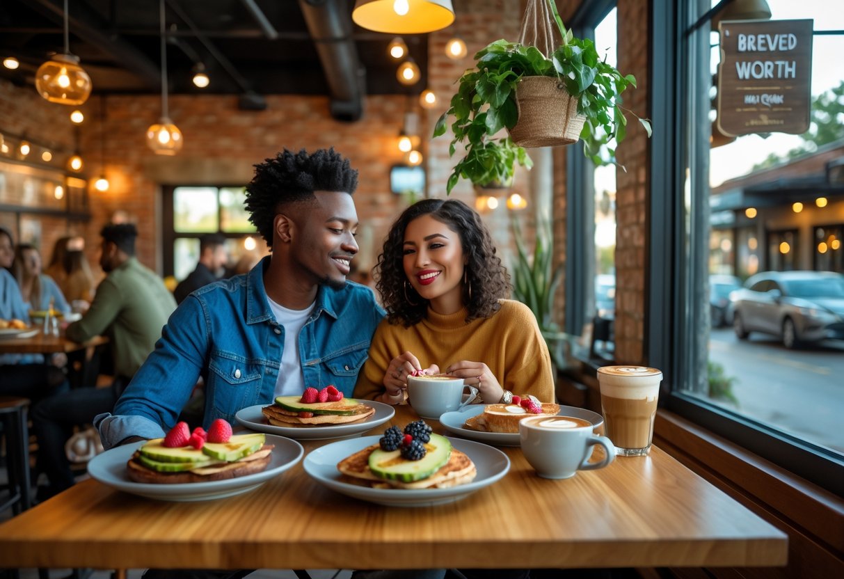 A young couple enjoying brunch together at a cozy café with plates of food and coffee on the table.