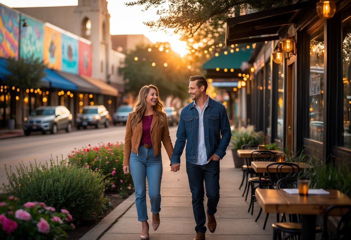 A couple walking hand-in-hand along a colorful street in Fort Worth with shops and outdoor café seating nearby during sunset.