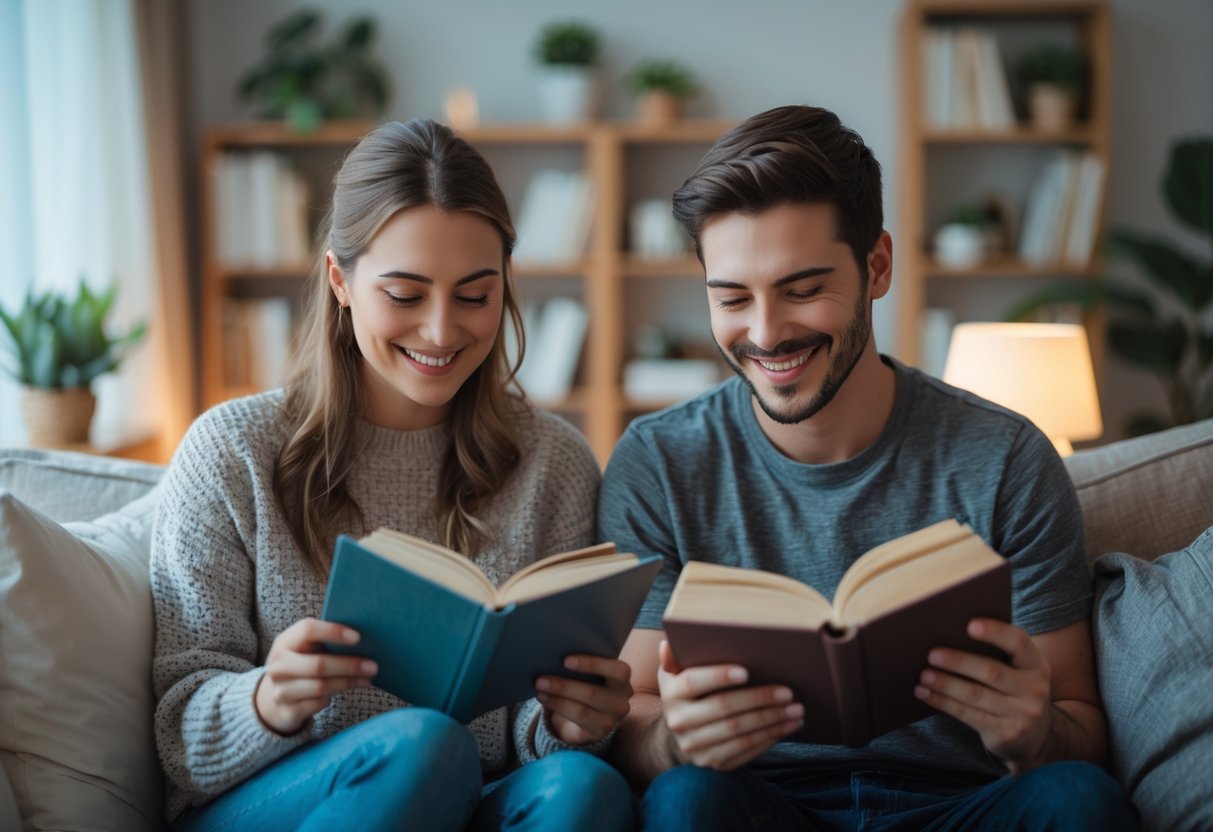 A young couple reading books aloud to each other over video call from their separate rooms.