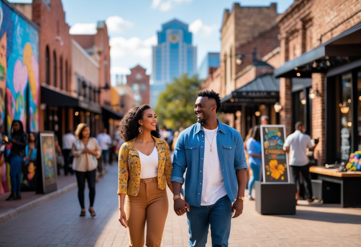 A couple walking hand-in-hand along a lively street in Fort Worth with colorful murals and historic buildings, enjoying a sunny day together.