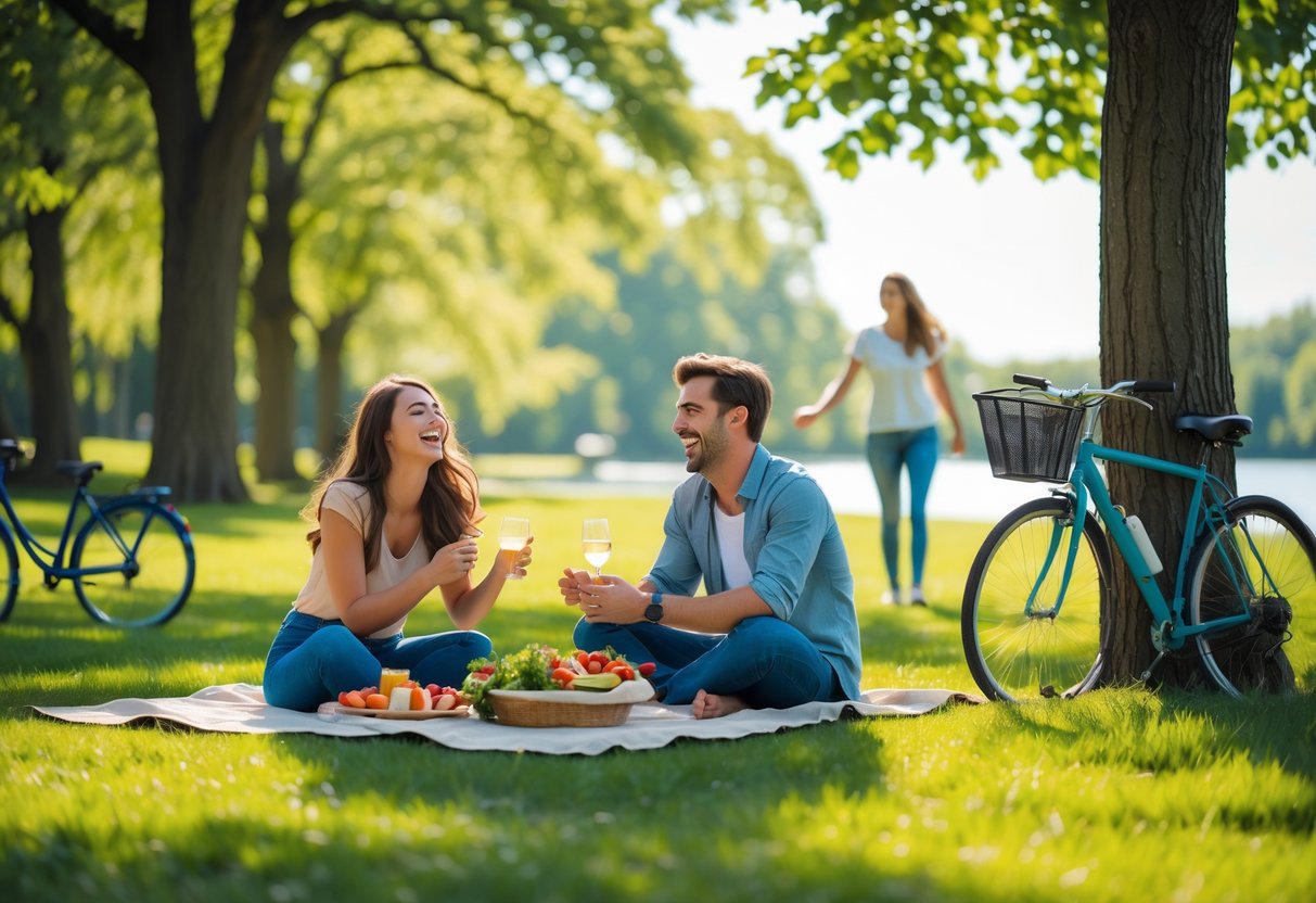 A couple having a picnic in a park with trees and a lake, enjoying a sunny day together.