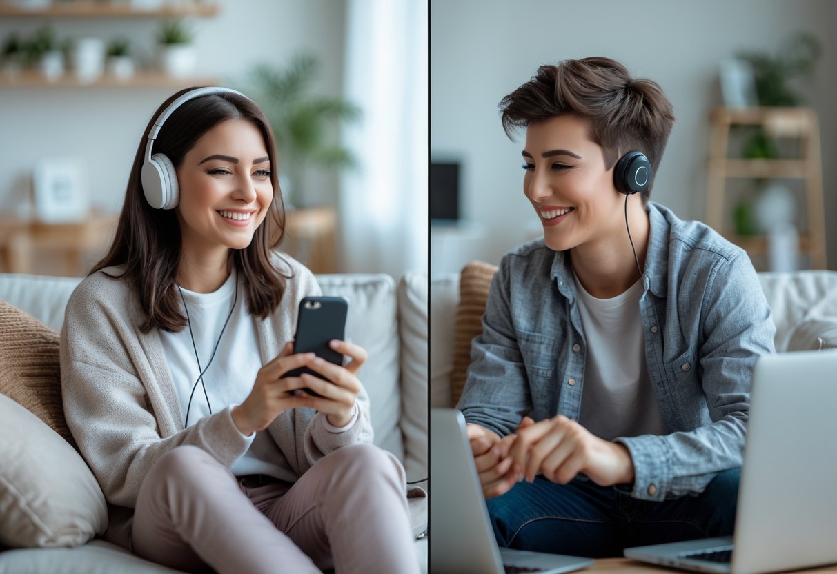 A young woman and a young man smiling and talking on a video call, sharing music during a long-distance date.