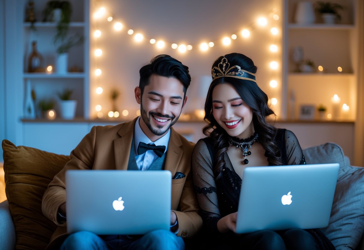 A couple dressed in themed costumes smiling and video chatting on their devices from separate homes.