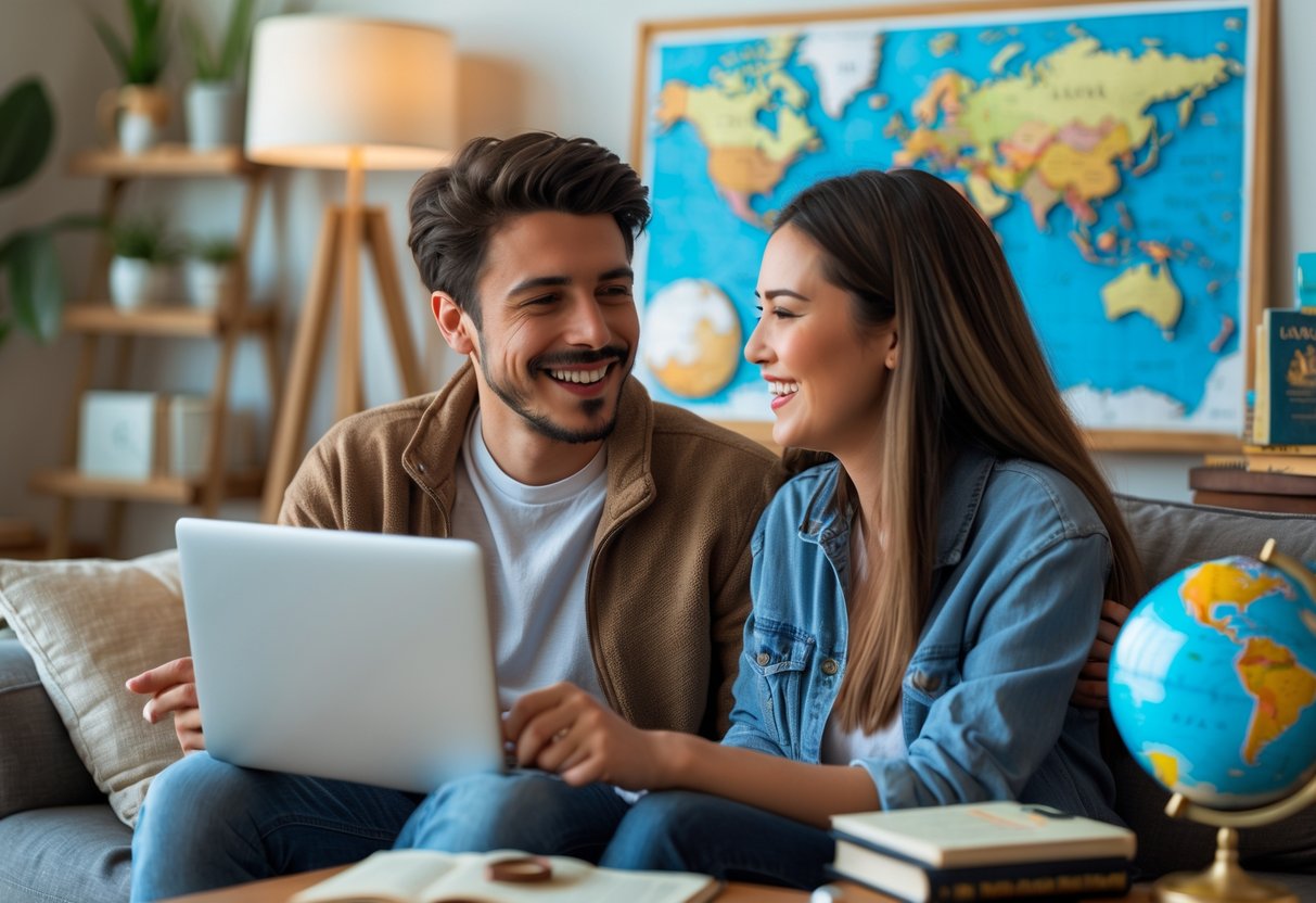 A young couple having a long-distance video call on a laptop, surrounded by travel items like a world map and globe, smiling and connecting from different rooms.