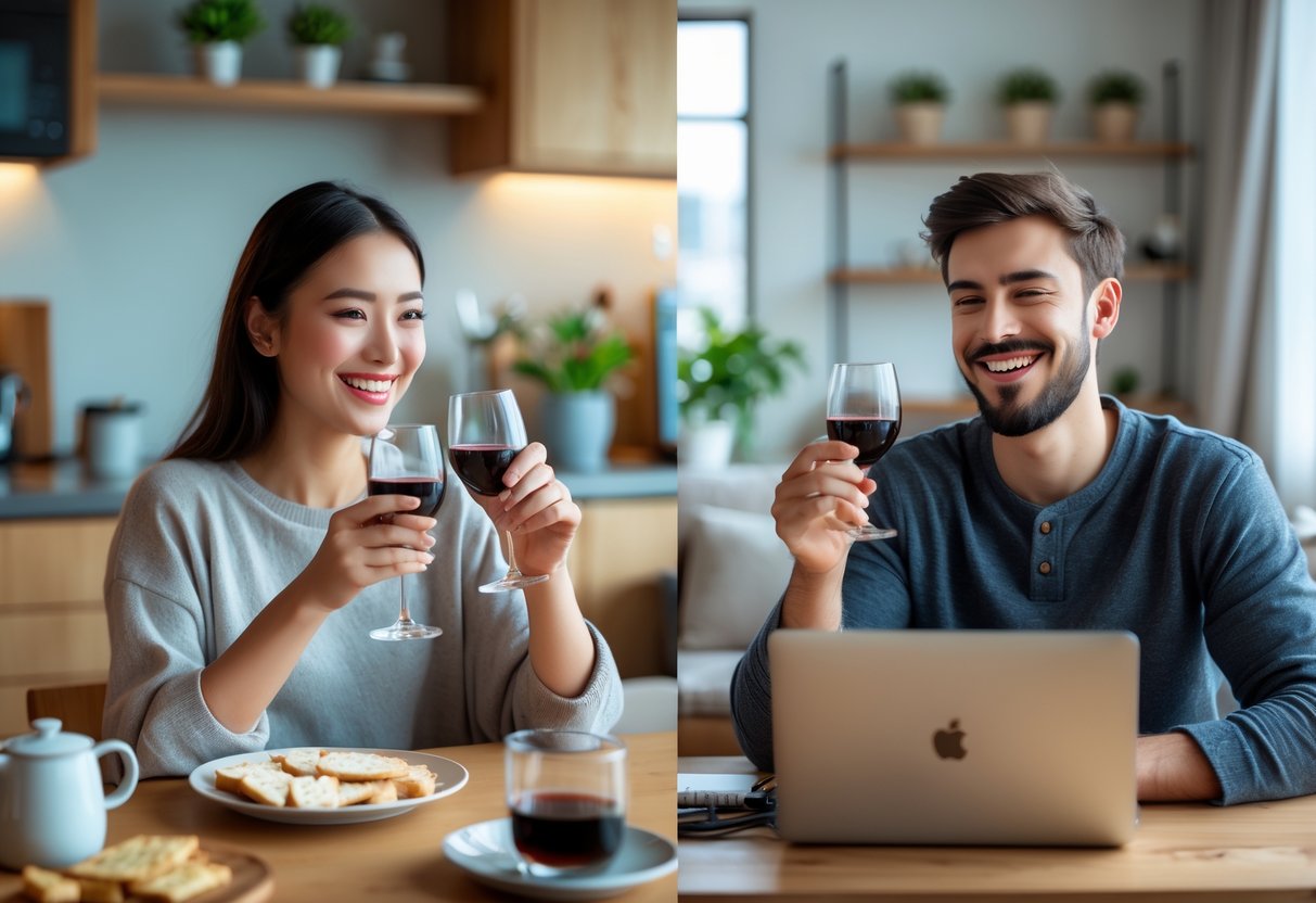 Two people on separate screens enjoying a wine and coffee tasting together over a video call.