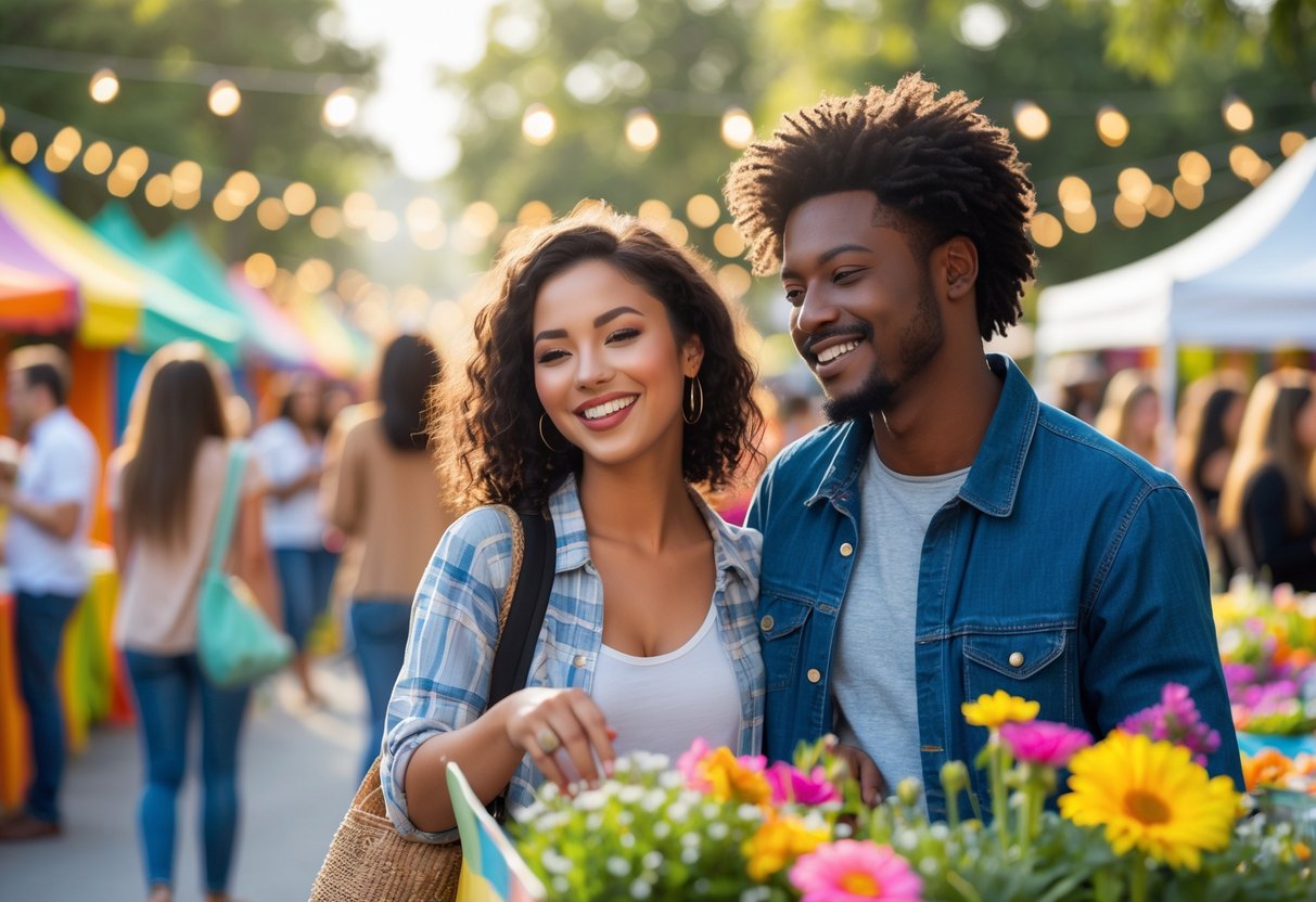 A young couple smiling and enjoying a lively outdoor community event with people and decorations around them.