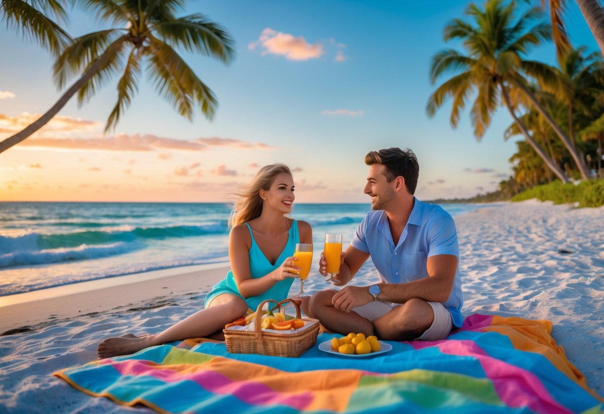 A young couple enjoying a sunset picnic on a Florida beach with palm trees and ocean waves in the background.