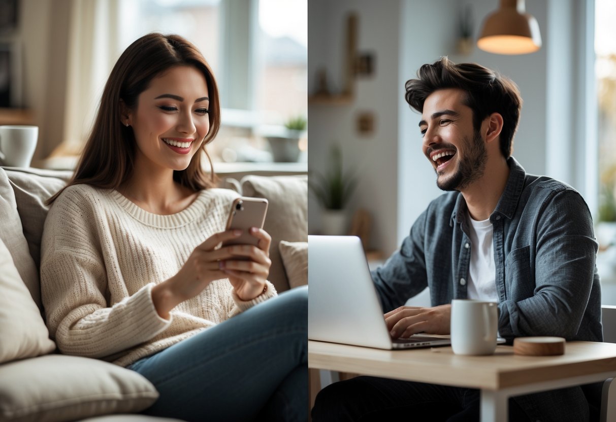 A young couple smiling and talking to each other over FaceTime from separate rooms.