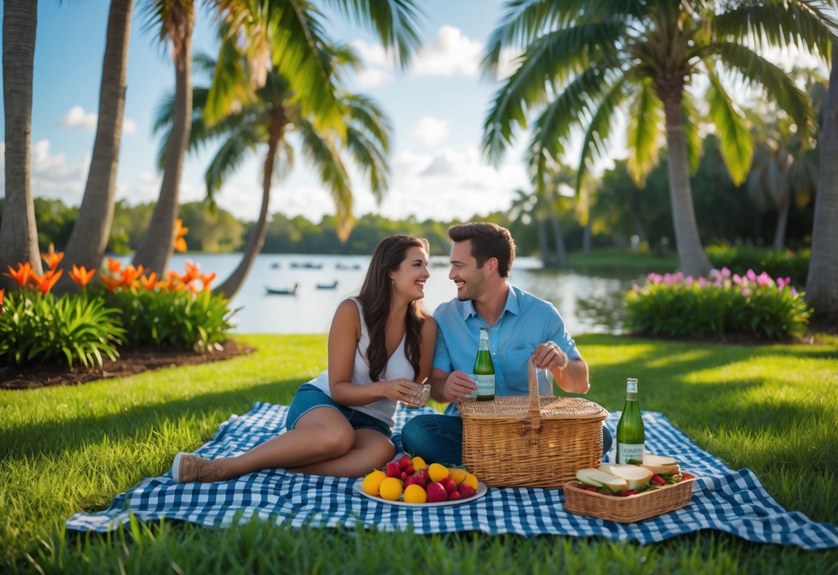 A couple enjoying a picnic on a blanket in a sunny park with palm trees and a lake in the background.