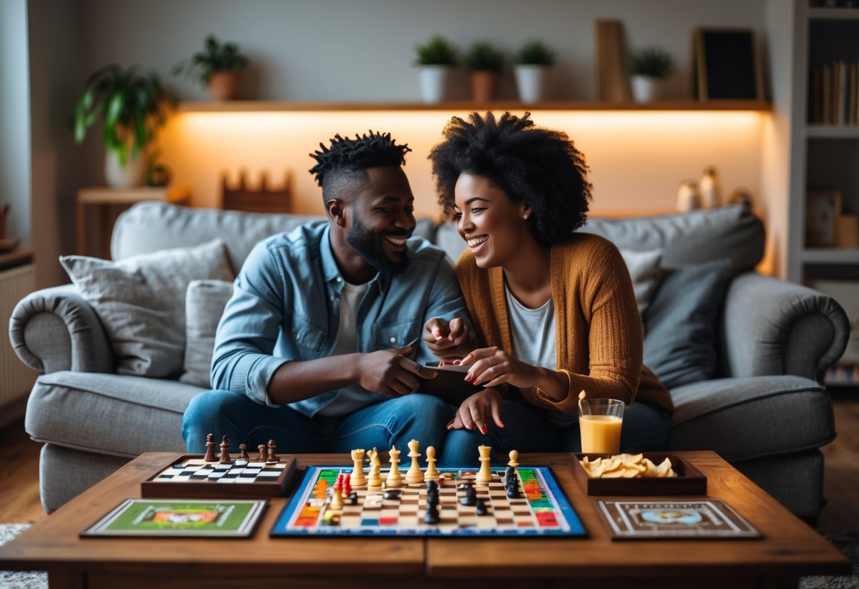 A couple sitting on a sofa playing board games together at a coffee table in a cozy living room.