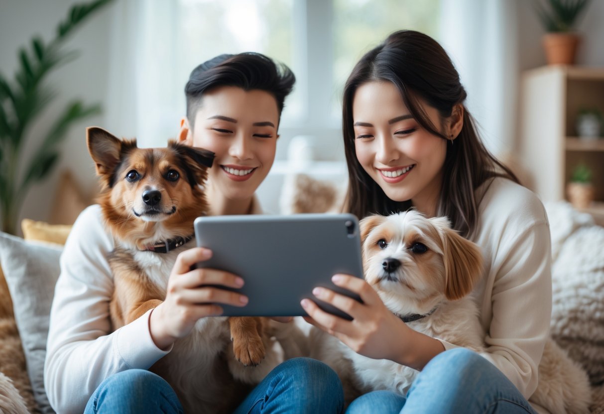 A young couple video calling each other from their homes, each showing their pet on the screen and smiling.