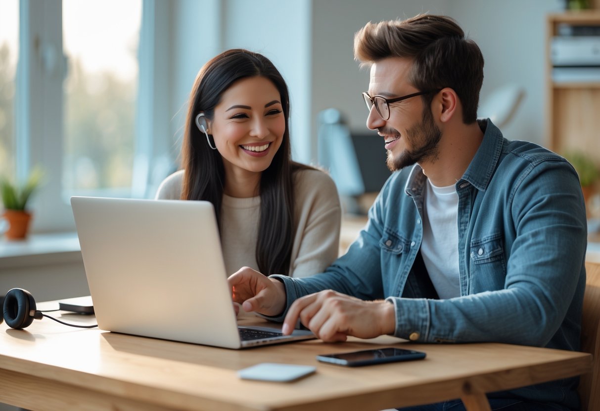A young couple smiling and talking on a FaceTime video call using a laptop in a bright home office.