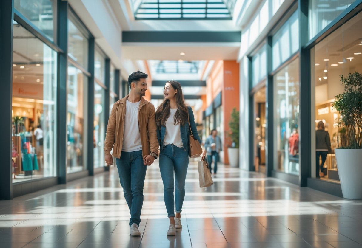 A young couple walking and smiling while window shopping together inside a bright, modern shopping mall.