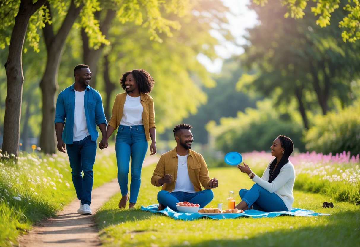 A couple enjoying free outdoor date activities in a park, including walking, picnicking, and playing frisbee.