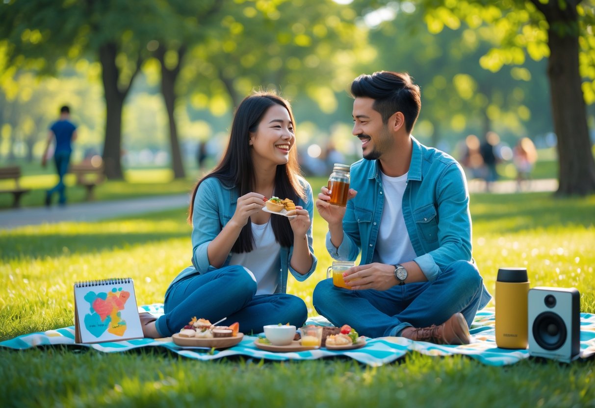 A young couple sitting on a picnic blanket in a park, sharing snacks and enjoying each other's company on a sunny day.