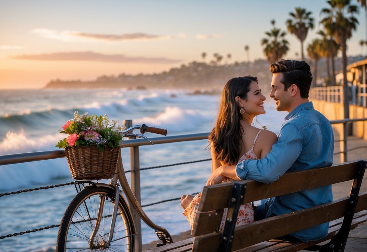 A young couple sitting on a bench at Ventura Pier during sunset, holding hands and smiling with the ocean and palm trees in the background.