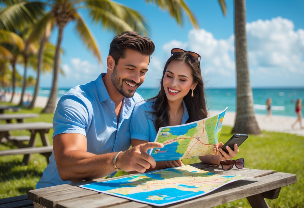 A couple sitting at a picnic table outdoors near a beach, looking at a map and planning their date.