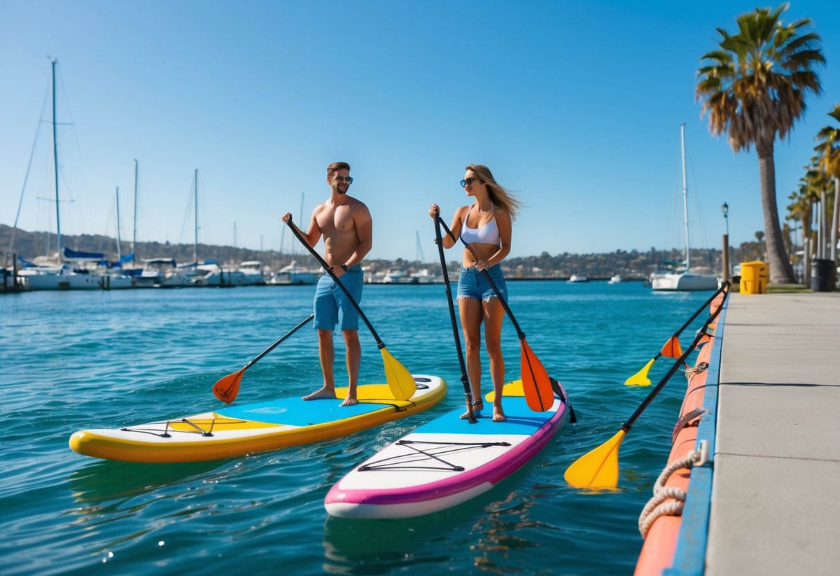 A couple renting paddleboards at Ventura Harbor on a sunny day with boats and palm trees in the background.