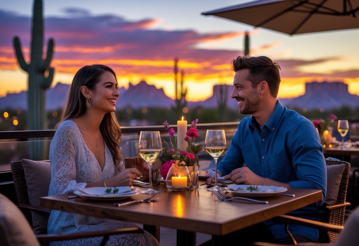 A couple enjoying a romantic rooftop dinner at sunset with the Phoenix skyline and desert mountains in the background.