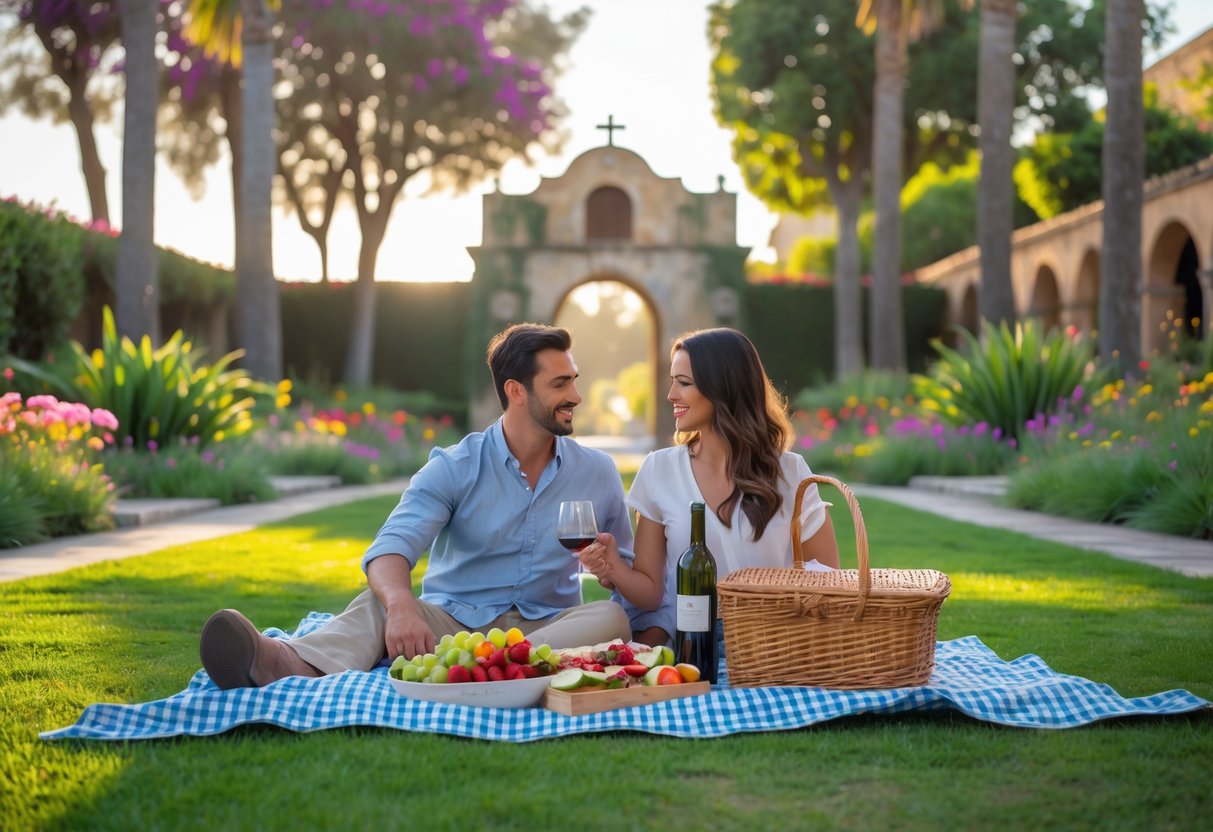 A couple having a picnic on a blanket in a garden with historic mission buildings and colorful flowers in the background.