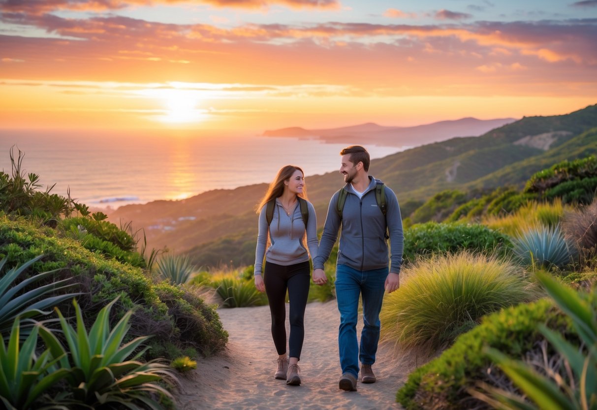 A couple walking hand-in-hand on a trail during sunset with hills and ocean in the background.