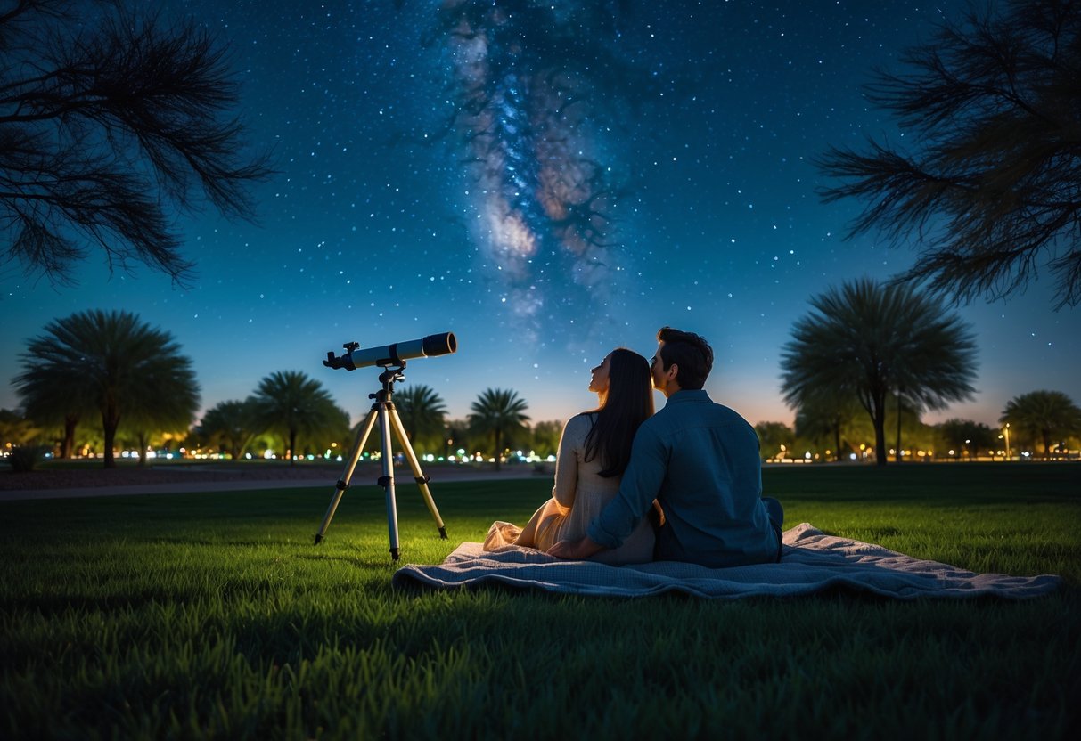 A couple sitting on a blanket in a park at night, looking up at the starry sky with a telescope nearby.