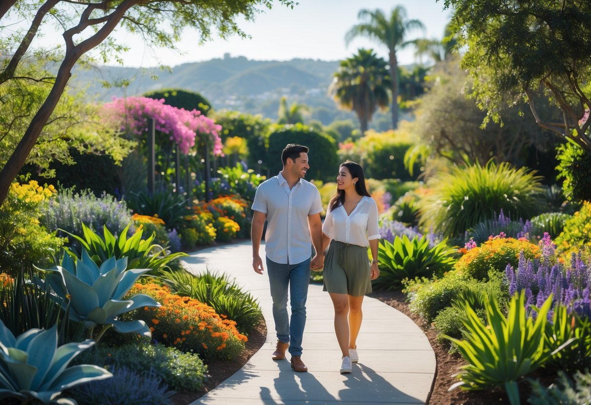 A couple walking hand-in-hand along a garden path surrounded by green plants and colorful flowers at Ventura Botanical Gardens.