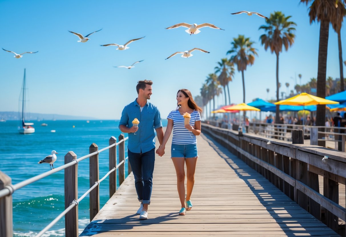 A couple walking hand in hand on Ventura Pier, each holding an ice cream cone with the ocean and clear sky in the background.