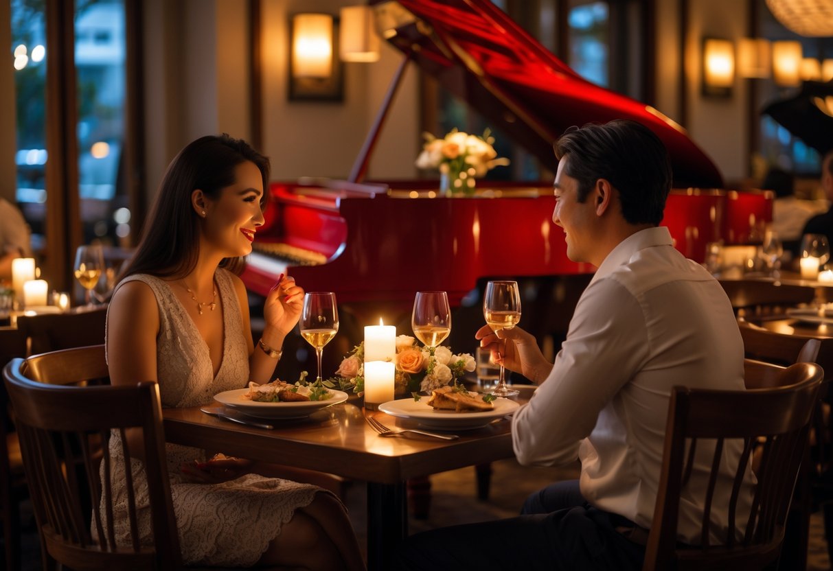A couple enjoying a romantic dinner at a warmly lit restaurant with red piano decor in the background.