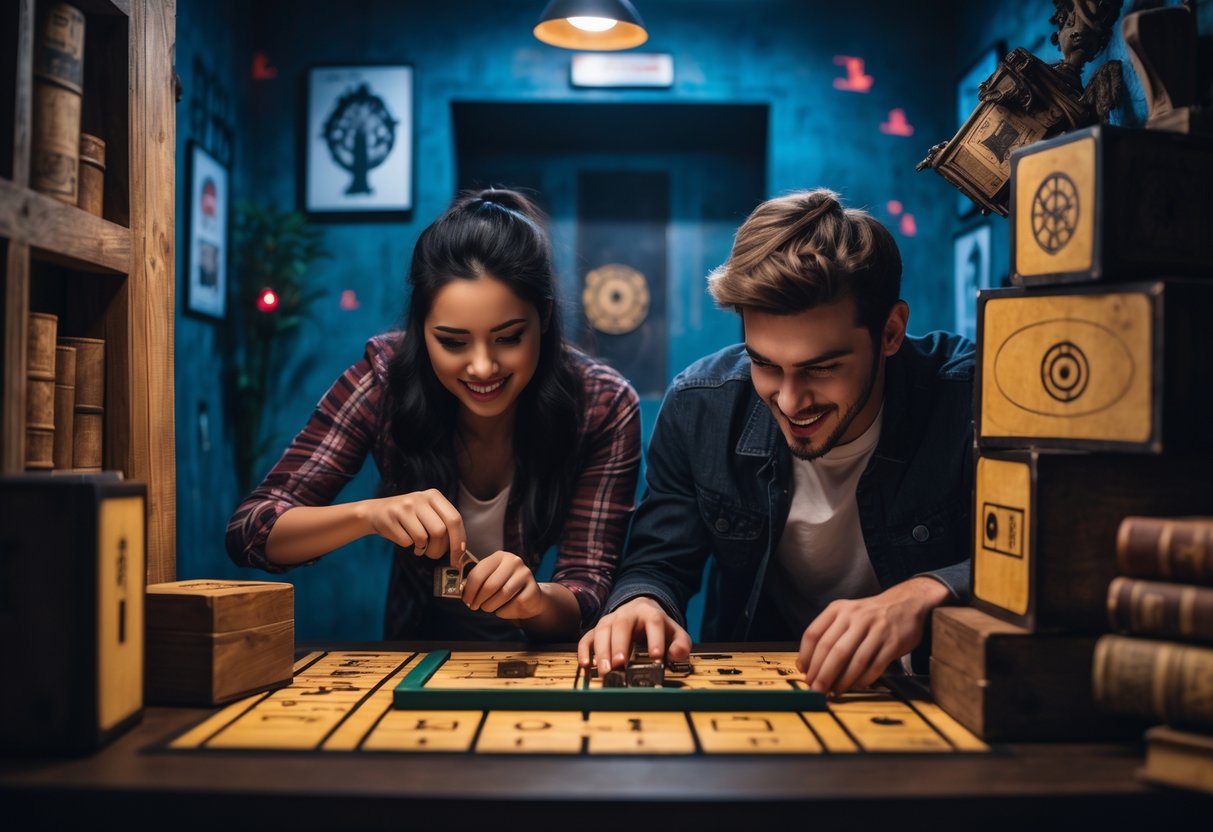 A young couple working together to solve puzzles in an escape room challenge.