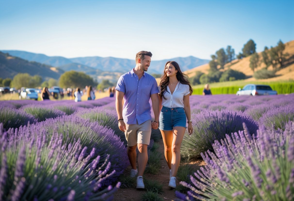A couple walking hand in hand through blooming lavender fields with hills in the background on a sunny day.