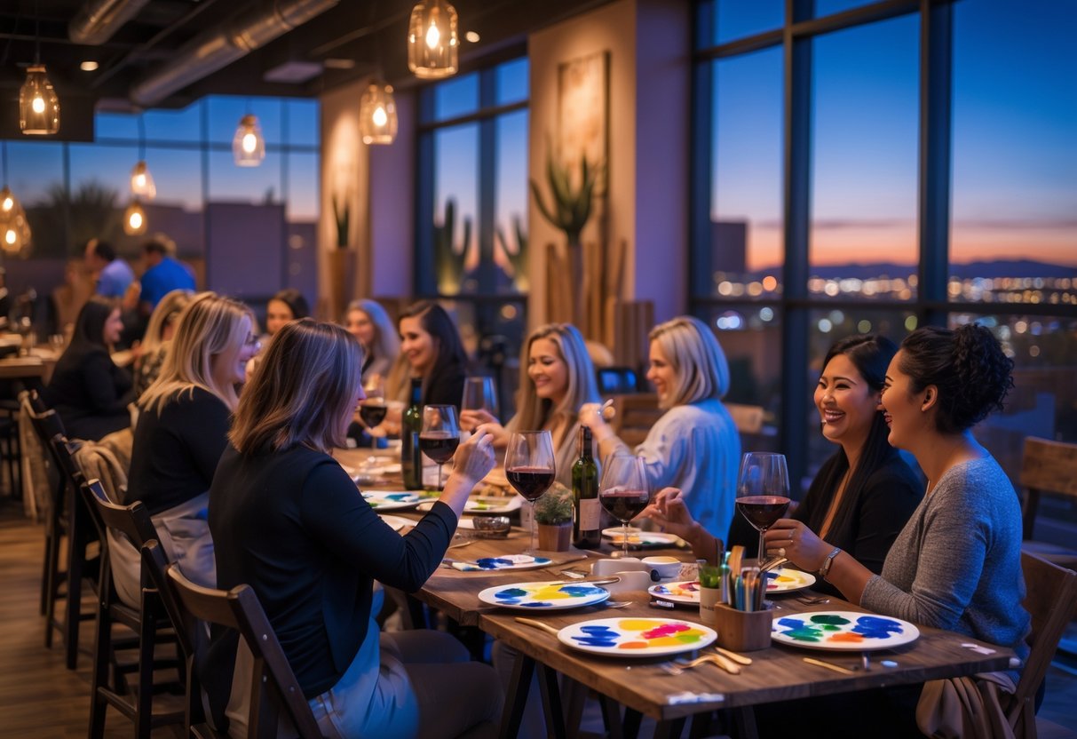 People enjoying a wine and paint night at a cozy indoor venue with canvases, paintbrushes, and glasses of wine.
