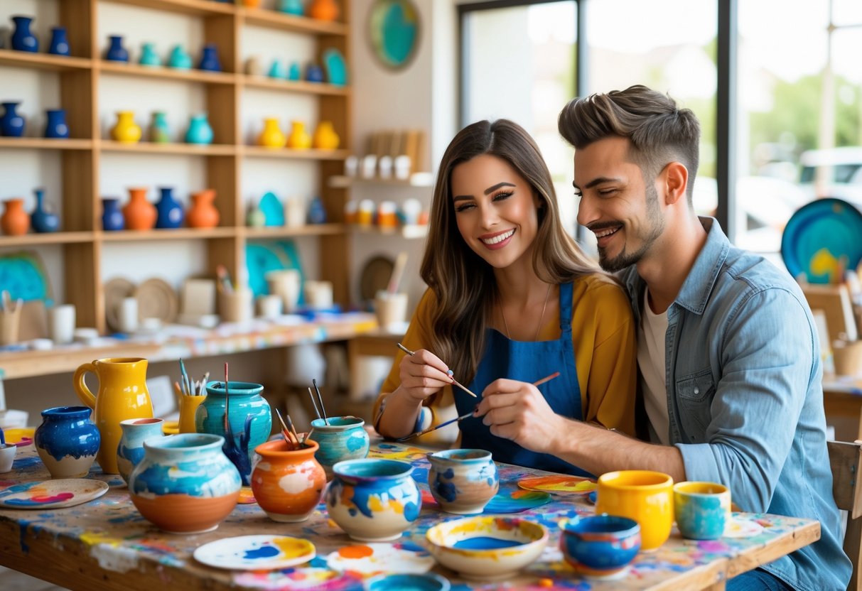 A young couple painting pottery together at a table in a bright pottery studio.