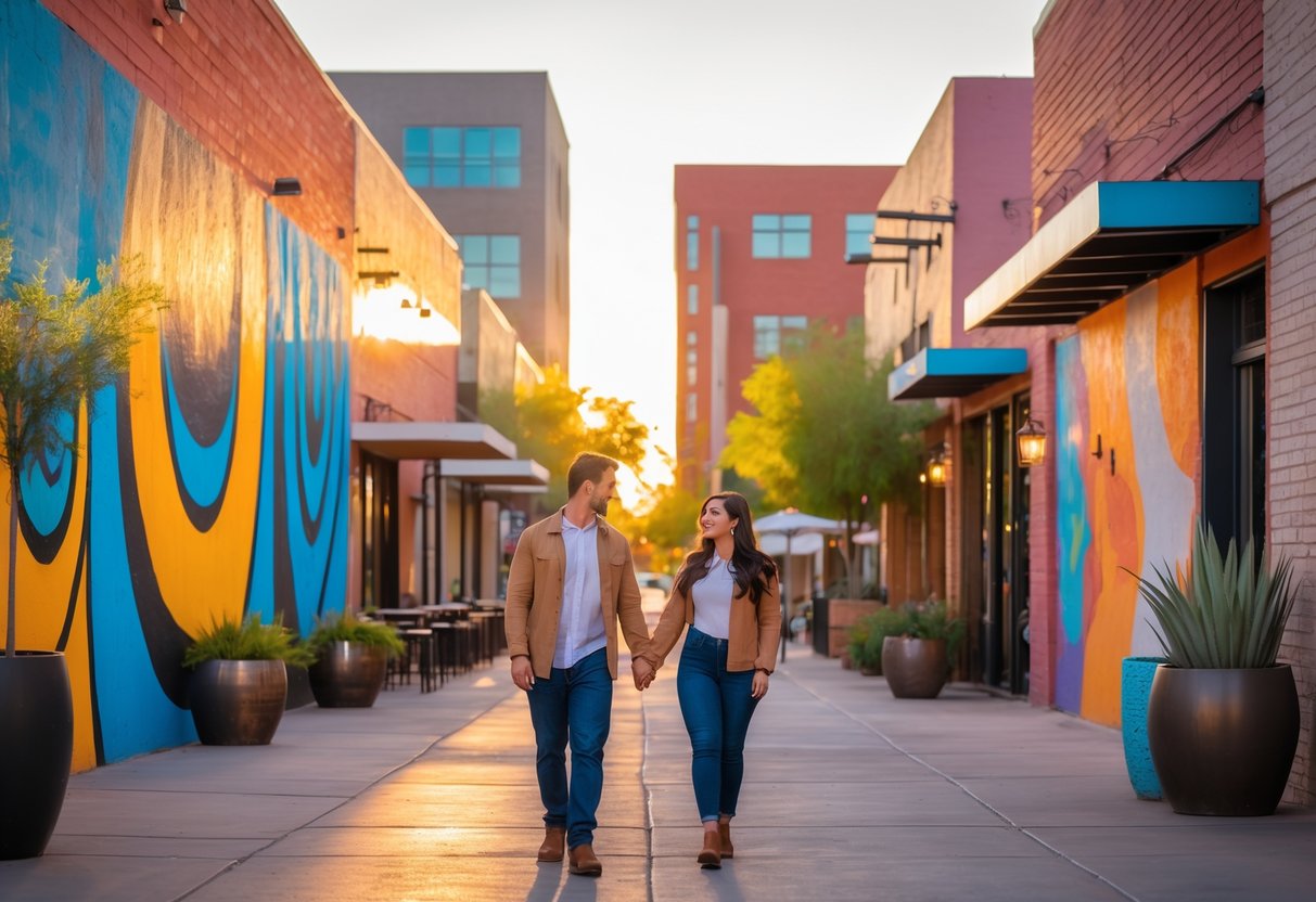 A young couple walking hand-in-hand along a colorful street with large murals and outdoor cafes in Roosevelt Row, Phoenix.