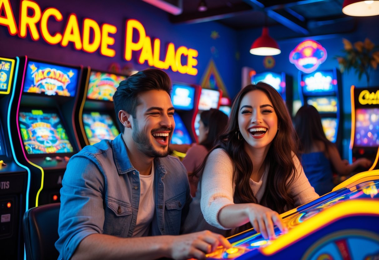 A young couple laughing and playing arcade games together in a colorful, lively arcade setting.