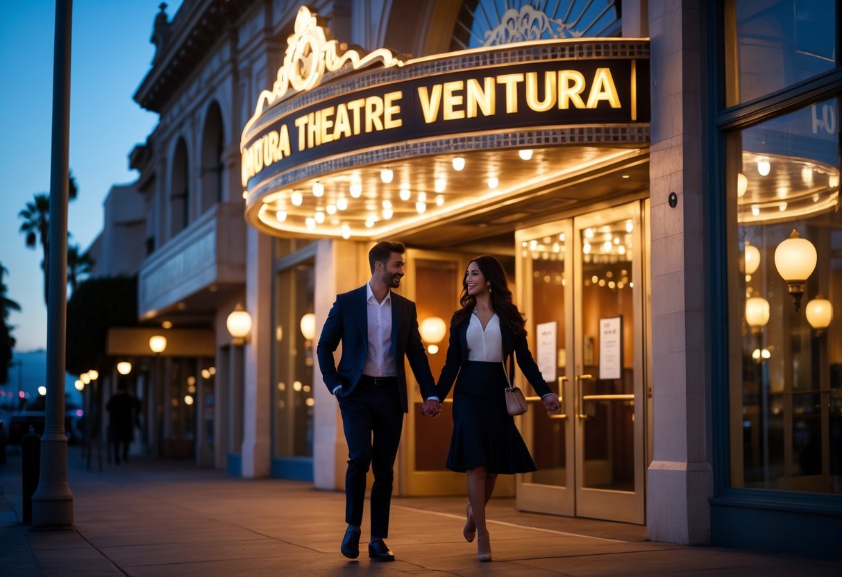 A young couple holding hands and entering a historic theatre at night with warm lights and a charming street scene.