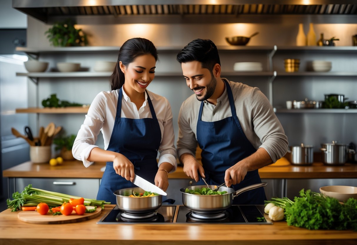 A couple cooking together in a modern kitchen studio, preparing a meal with fresh ingredients.