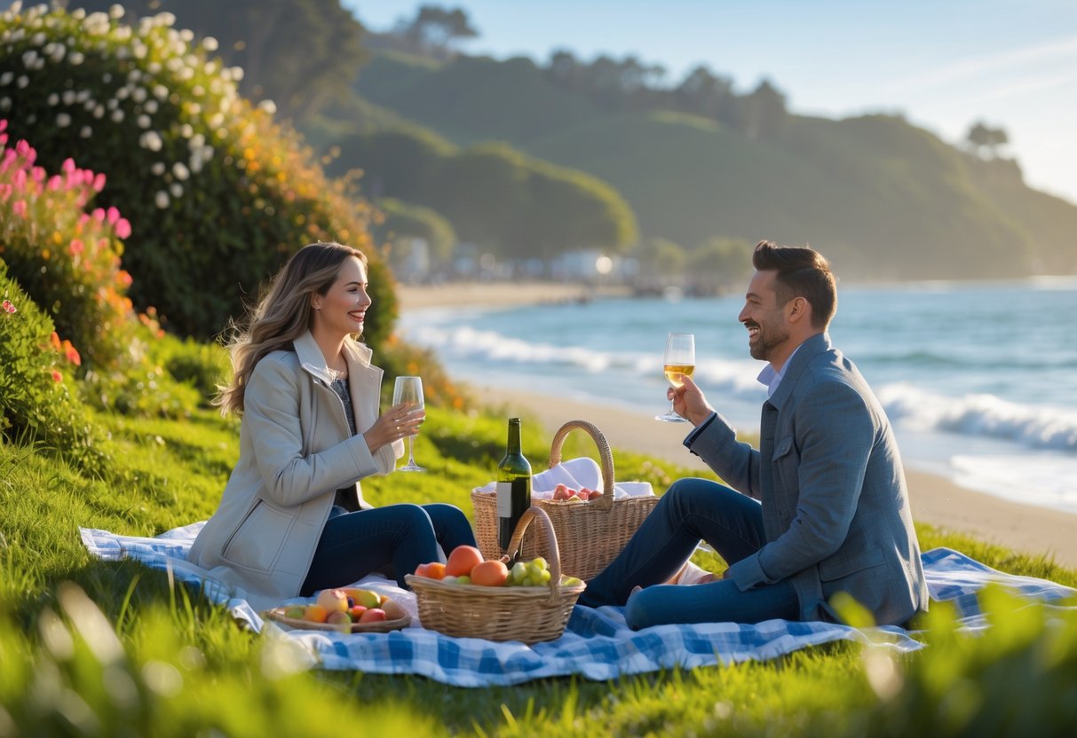 A couple enjoying a picnic together near the beach with a coastal view and seasonal flowers around them.