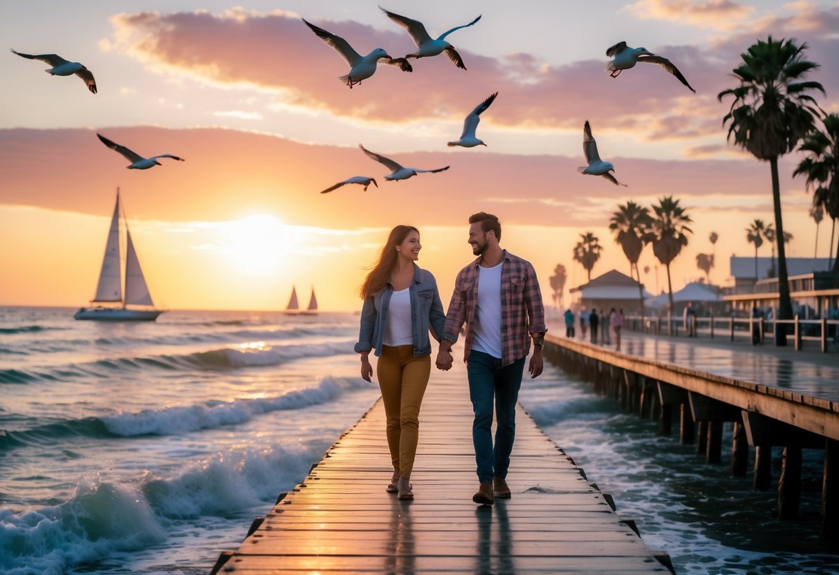 A couple holding hands and walking on a pier at sunset with the ocean and palm trees in the background.