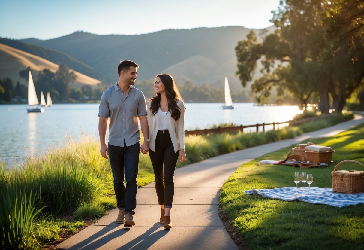 A young couple walking hand-in-hand near a lake with sailboats and hills in the background during sunset.